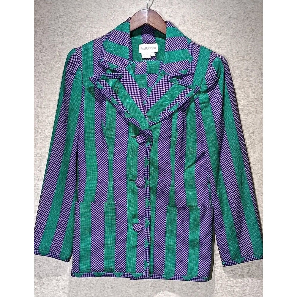 Raul Blanco 80's Silk  Blazer Jacket Size 10 Green Blue Vintage